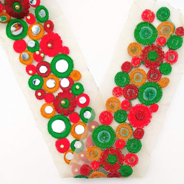 Gold Sheer Tissue Fabric Trim With Red And Green Circles and Floral Embroidery With Mirror Embellishments, Indian Mirrored Trim